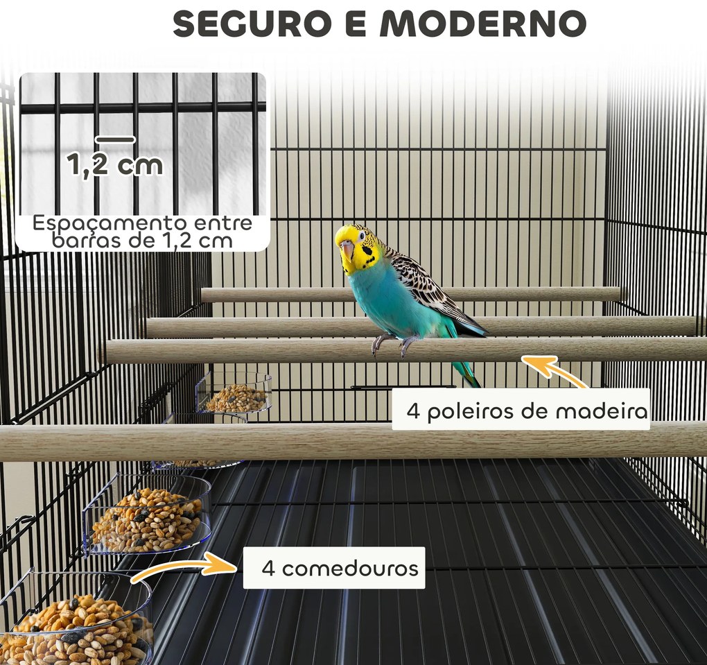 Gaiola para Pássaros com Divisória Rodas Gaiola para Aves com Comedouros Poleiros e Bandeja Removível 94x57x128 cm Preto