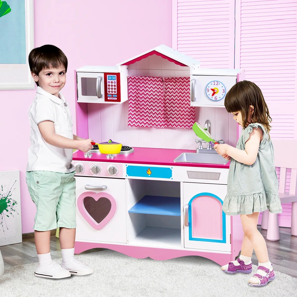Cozinha de brincar de madeira para crianças com lava-loiça e torneira com forno micro-ondas e fogão Som realista Rosa + Branco