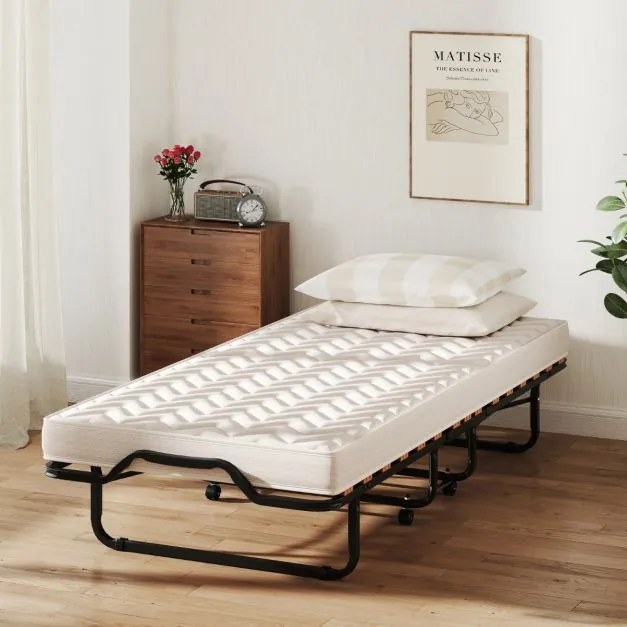 Cama dobrável 80 x 200 cm com rodas e colchão de espuma viscoelástica e fibra hipoalergénica Cama de hóspedes compacta e portátil