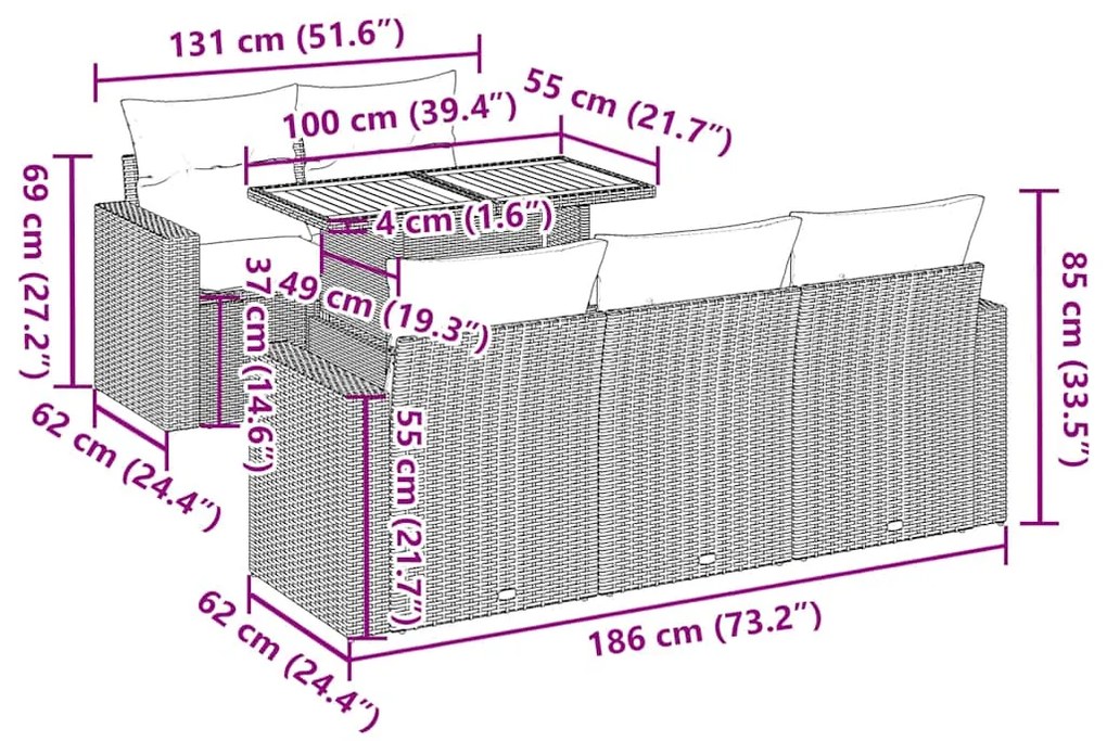 6 pcs conjunto sofás de jardim com almofadões vime cinzento