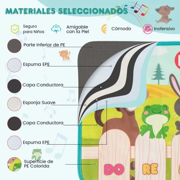 Tapete musical para crianças com 10 sons de animais, 10 teclas e músicas incorporadas para partir dos 3 anos, 95 x 36 cm, multicolorido