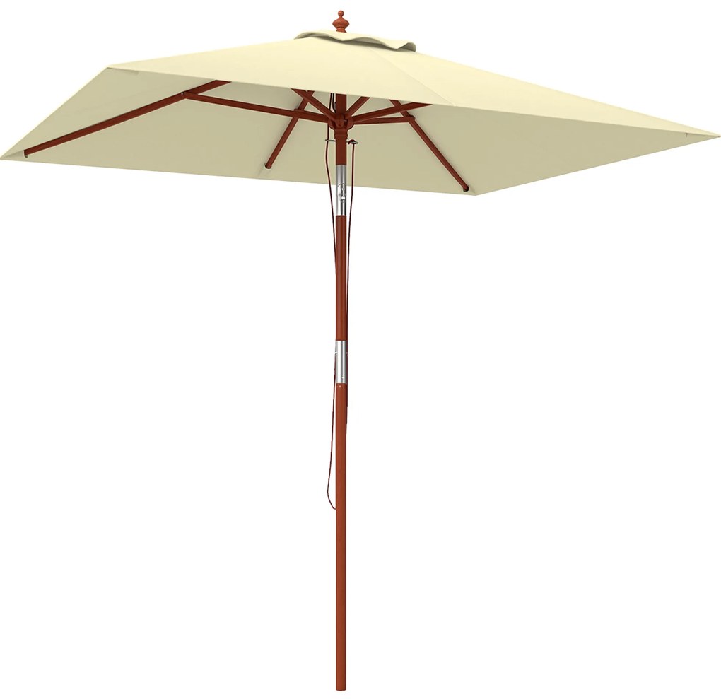 Outsunny Chapéu de Sol de Jardim 200x150x235cm Chapéu de Sol Inclinável com Polia Duplo Teto e Mastro Desmontável de Madeira Bege