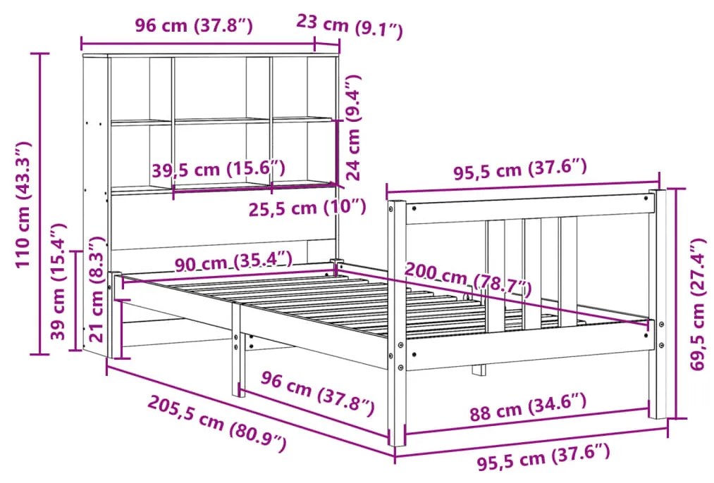 Cama com estante sem colchão 90x200 cm pinho maciço branco