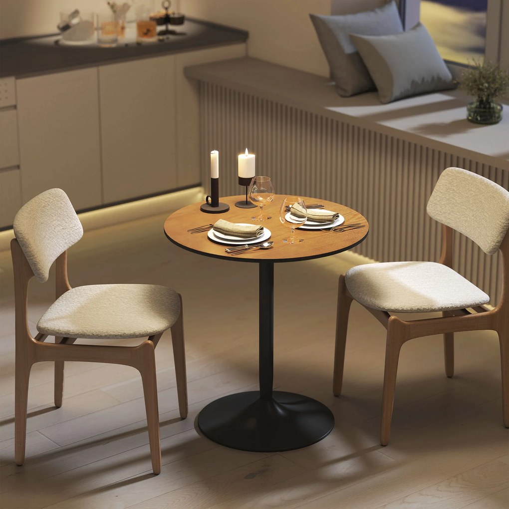Mesa de jantar alta redonda Ø 70 x 75H cm para 2 pessoas (CADEIRAS NÃO INCLUIDAS), com tampo em folheado de madeira maciça e base em aço castanho