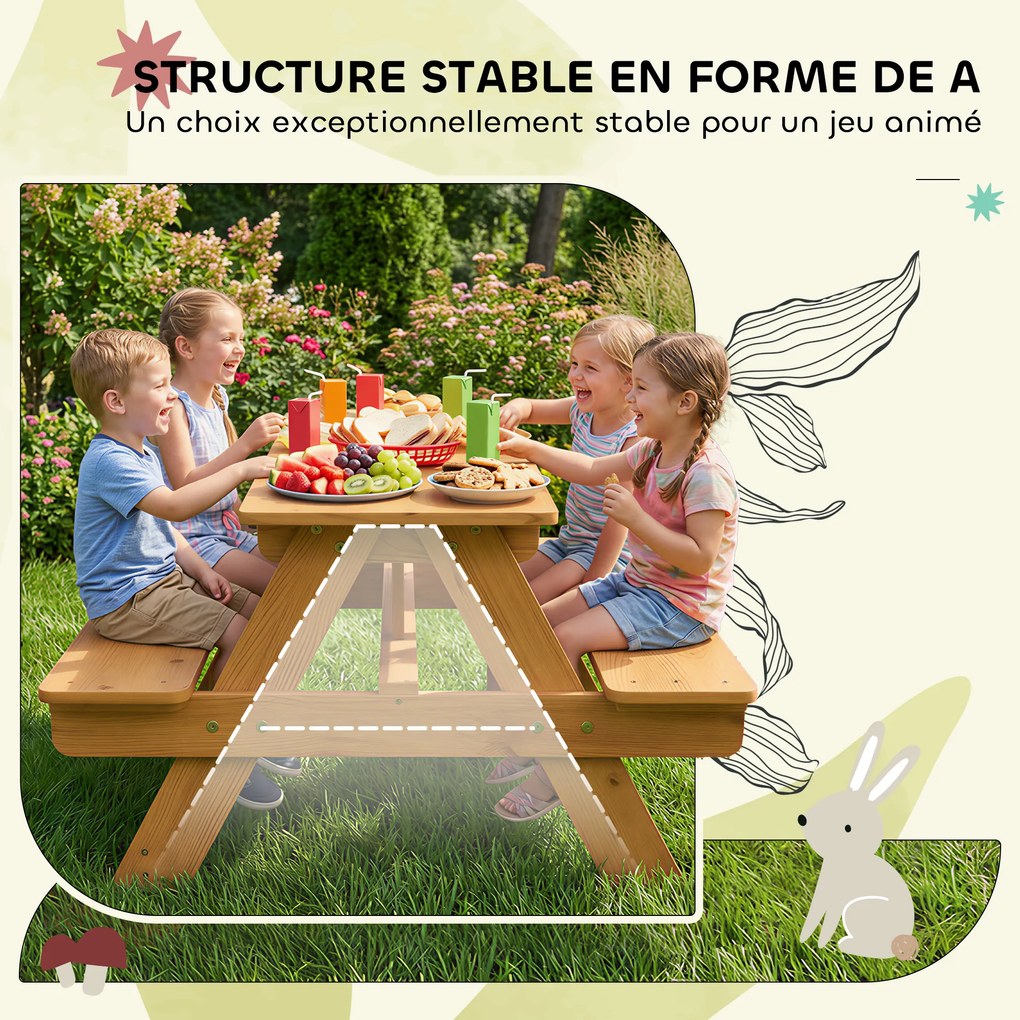 Conjunto de mobiliário de jardim infantil para exterior, mesa de piquenique infantil com bancos, estrutura em madeira maciça, madeira natural