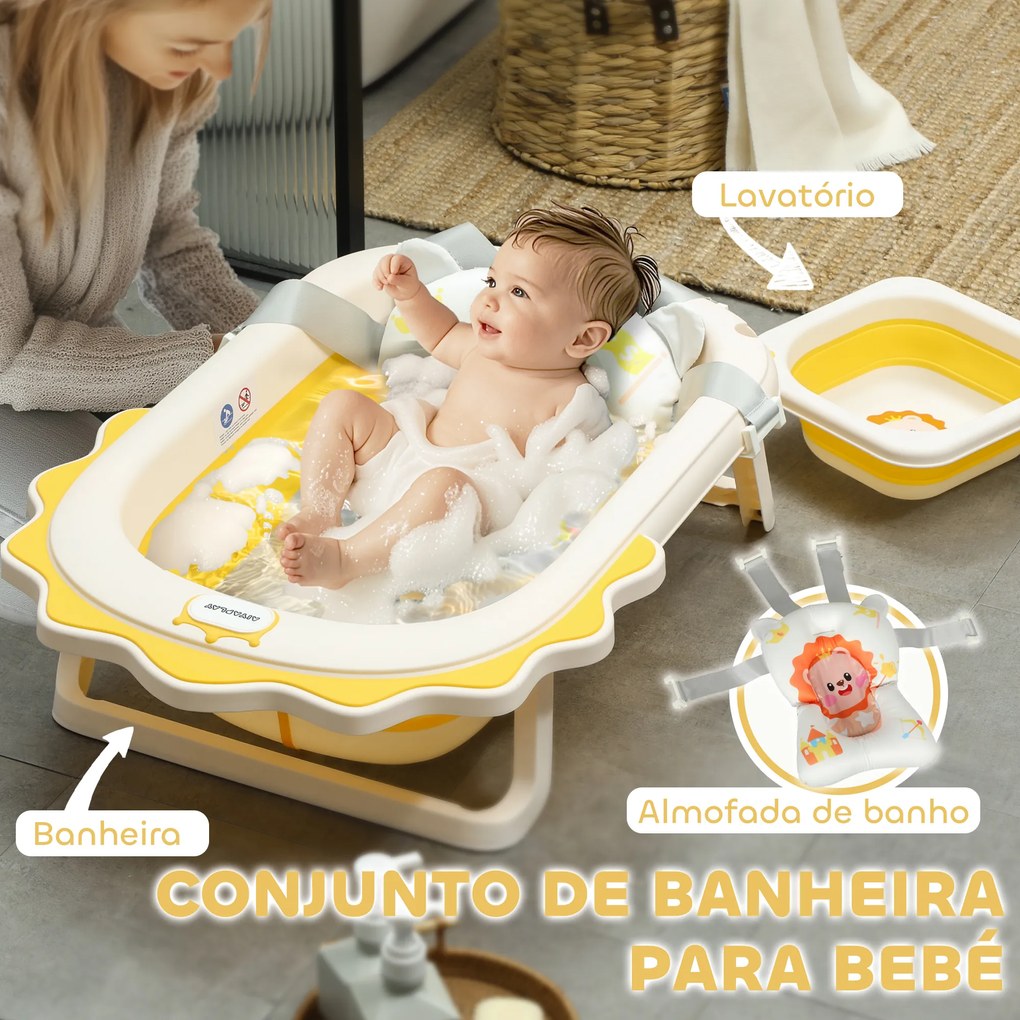 Banheira Dobrável para Bebés com Almofada e Cubo Antiderrapantes Orifício de Drenagem e Orifício para o Duche 80,5x55x20 cm Amarelo