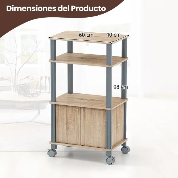 Carrinho de cozinha micro-ondas com rodas 60 x 40 x 98 cm, prateleiras e armário Natural