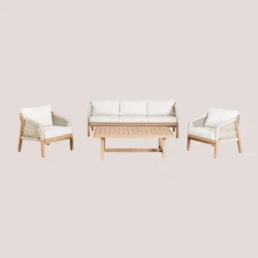 Conjunto De Sala Com Sofá De 3 Lugares, 2 Poltronas E Mesa De Centro Em Madeira De Acácia Dubai Castanho Acácia Rústico & Tecido Gardénia Branco -