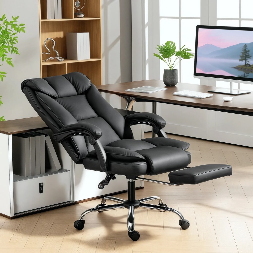Cadeira de escritório ergonómica, cadeira de escritório reclinável com apoio para os pés, altura ajustável, giratória a 360°, preta