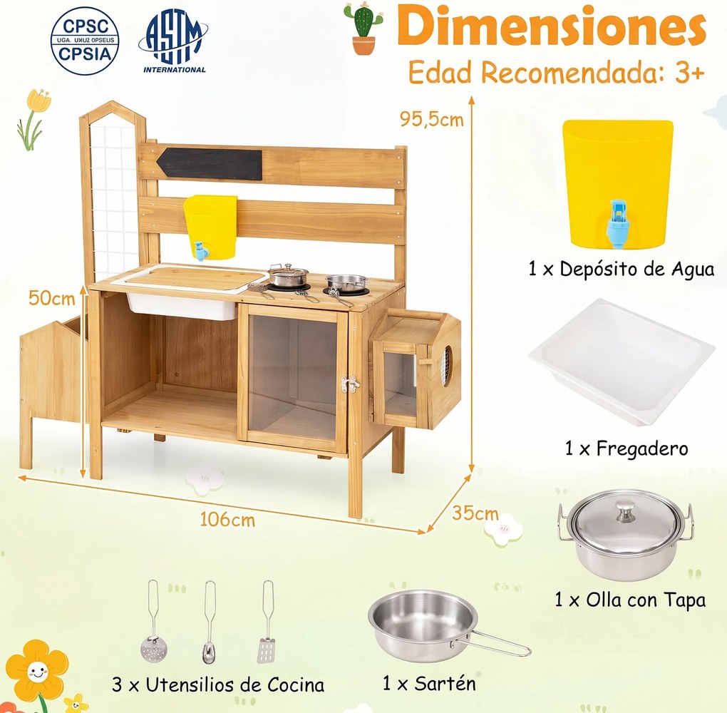 Cozinha de Brincar de Exterior, 106 x 35 x 95,5 cm, com Lava-Loiça, Natural