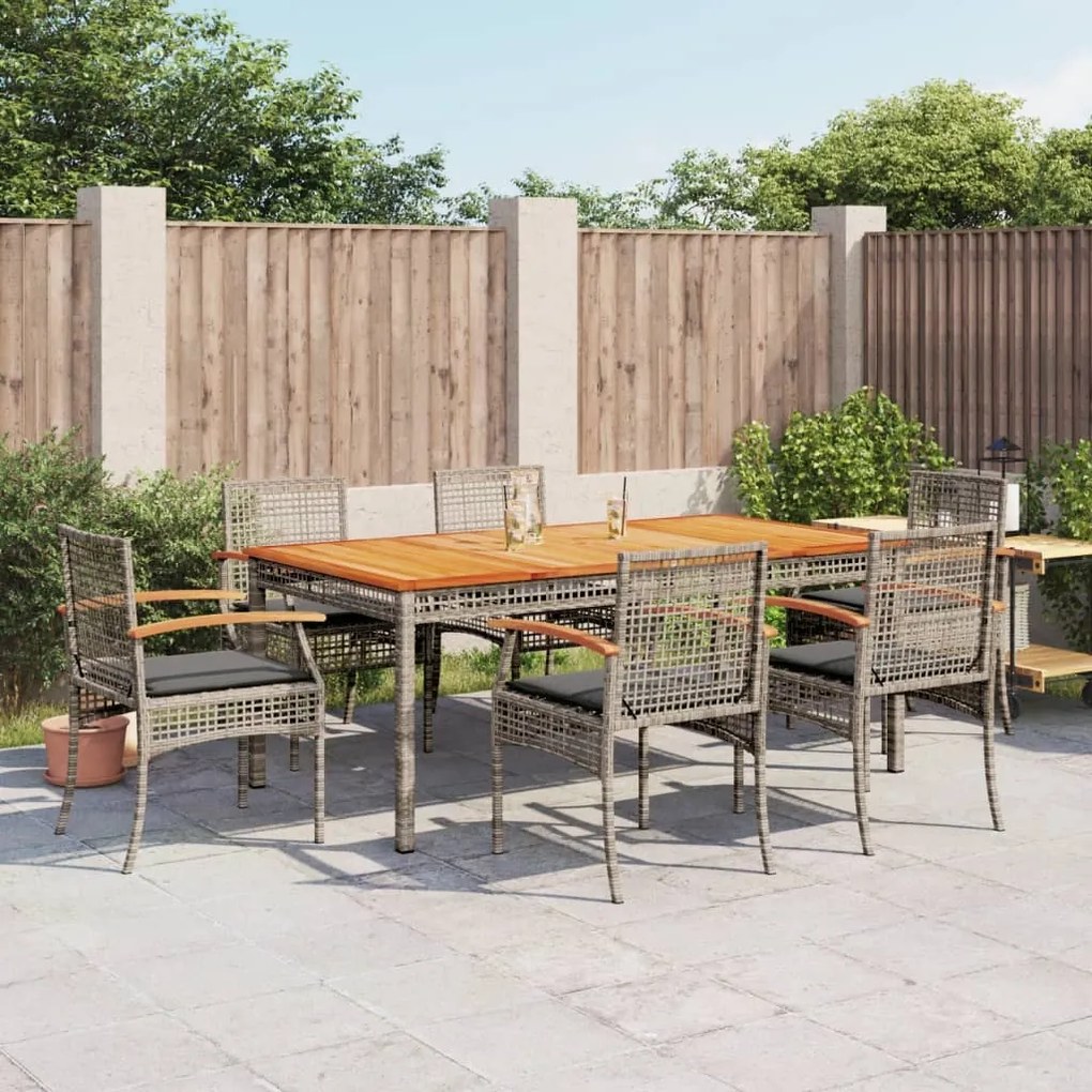 vidaXL 7 pcs conjunto de jantar p/ jardim c/ almofadões vime PE cinza