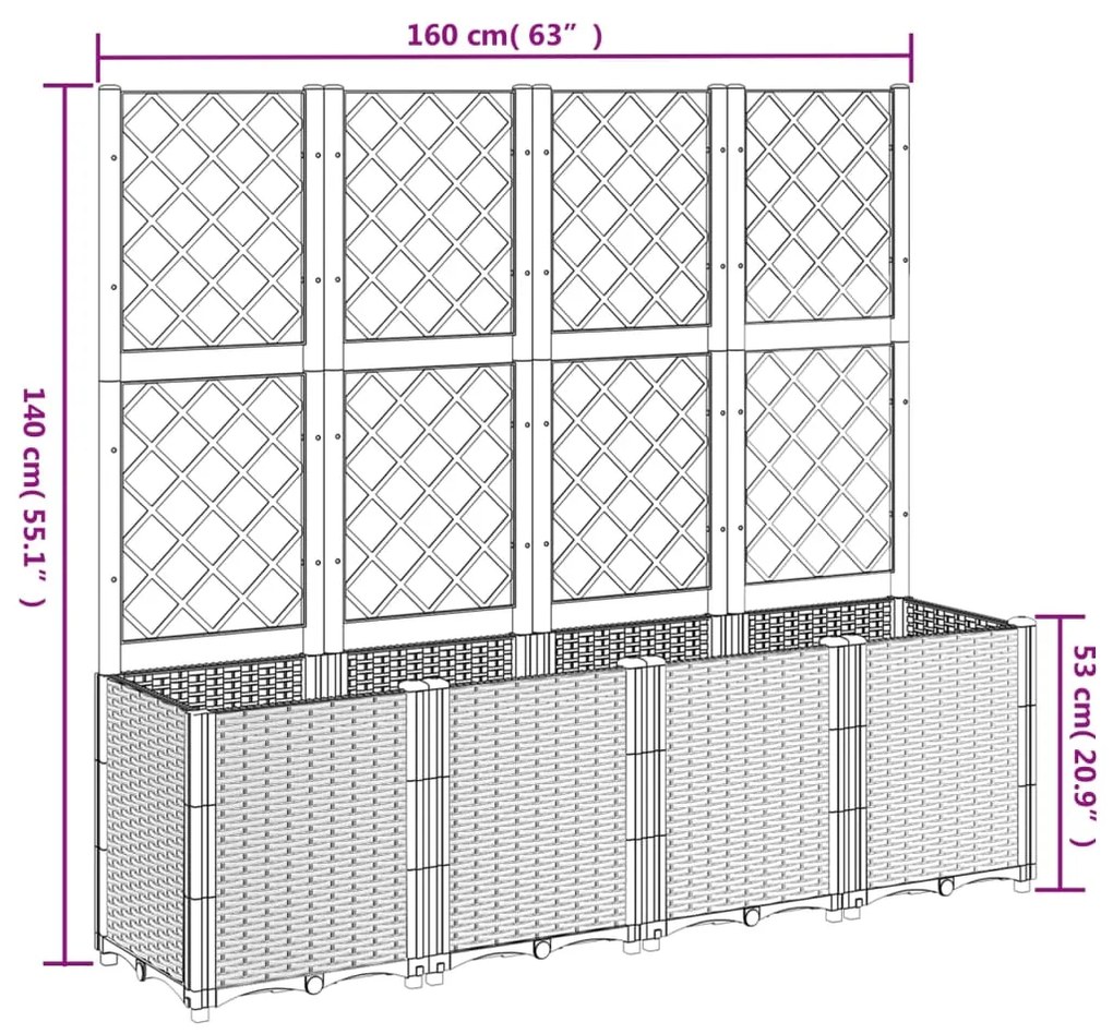 Vaso/floreira jardim c/ treliça 160x40x140 cm PP cinzento-claro