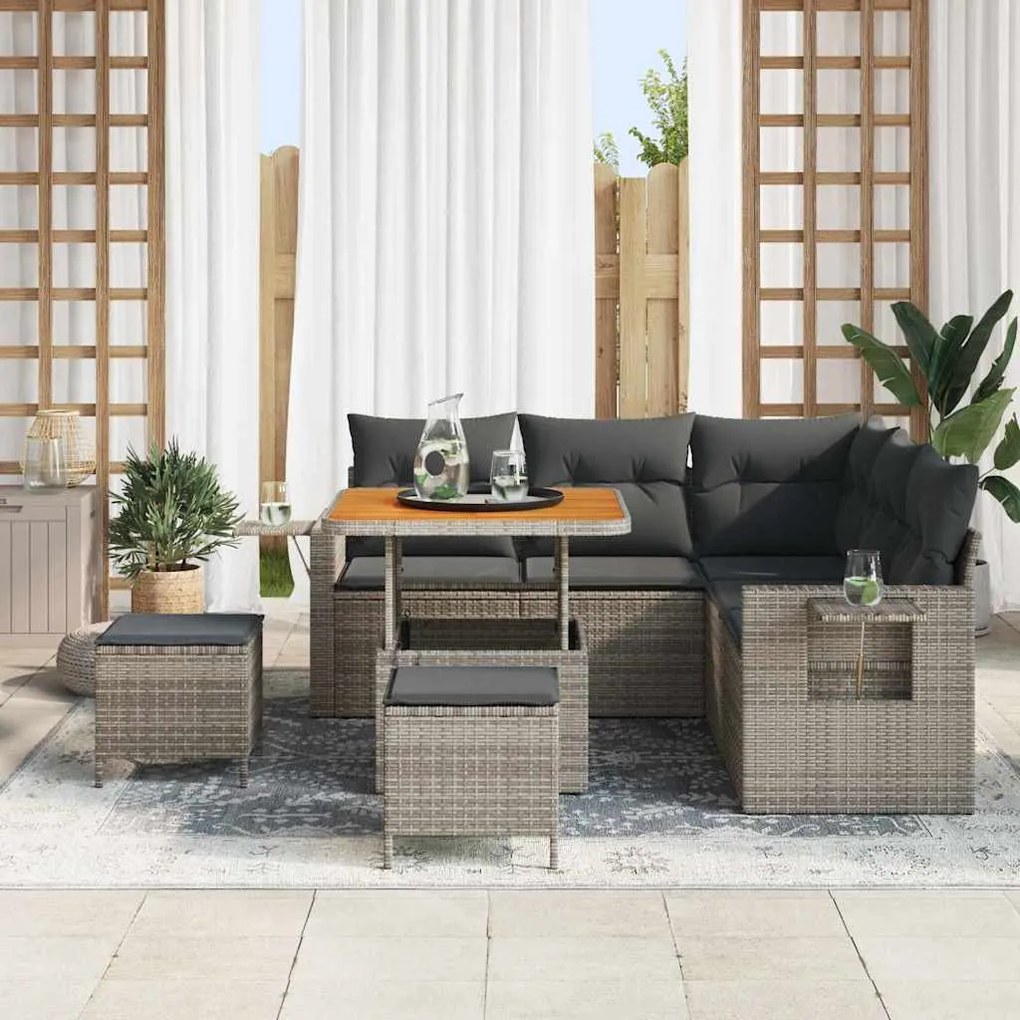 Conjunto de Sofá de Jardim em 8 peças com almofadas cinza de polyratta