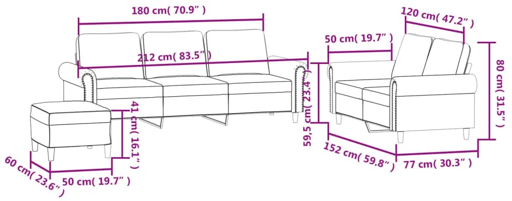 3 pcs conjunto de sofás com almofadões veludo castanho