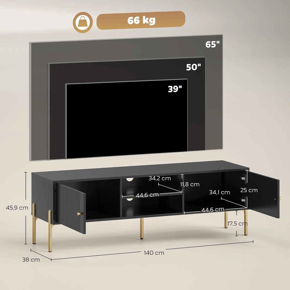 Móvel TV para Televisão até 65 Polegadas, 140 x 38 x 45,9 cm, Portas Caneladas, Preto