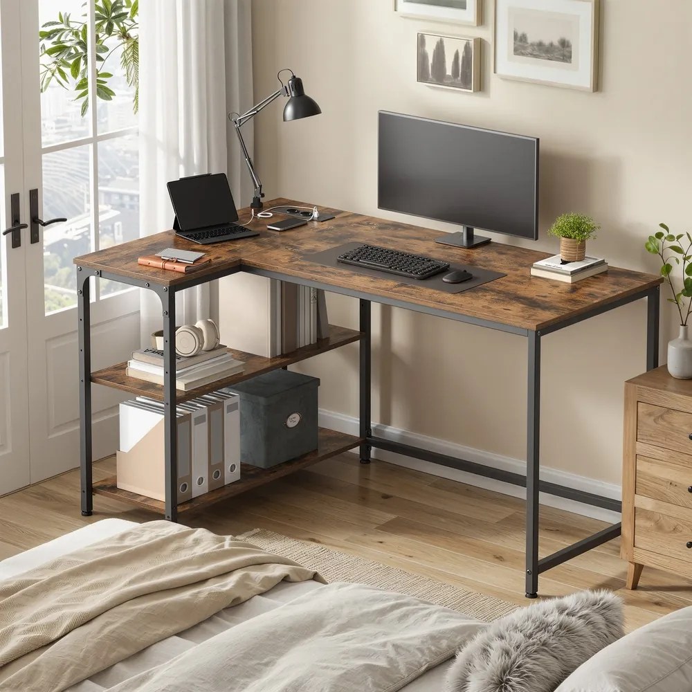 Secretária com espaço de arrumação, em L 120 x 80 x 76 cm, prateleira ajustável em altura castanha