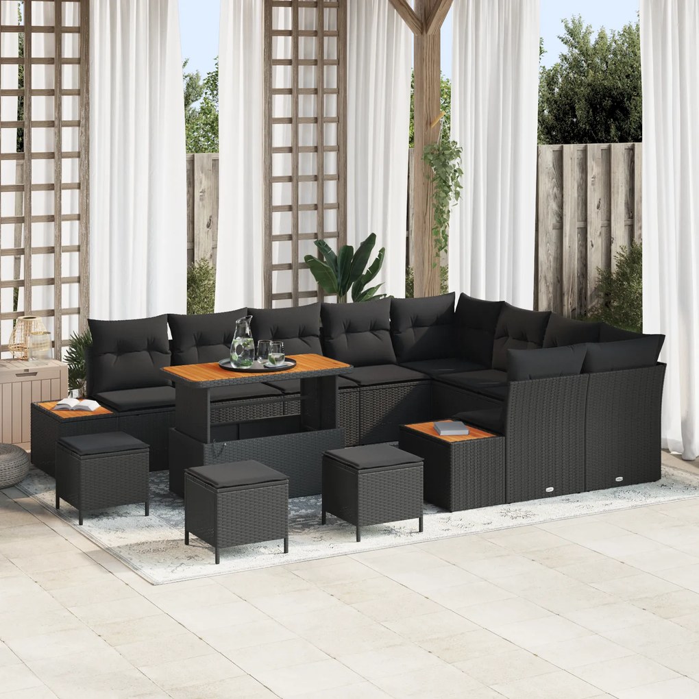 Conjunto de Sofá de Jardim vidaXL com Almofadas Preto Vime PE Acácia,
