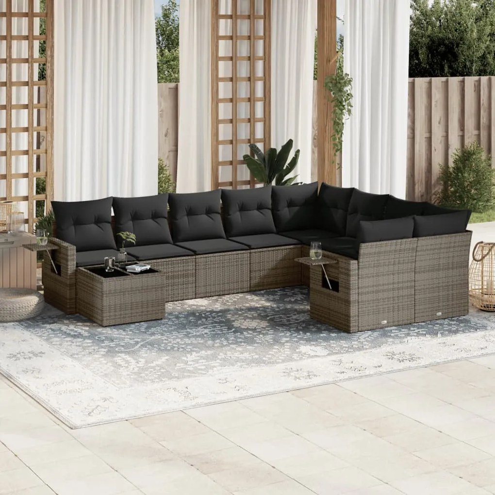10 pcs conjunto sofás de jardim c/ almofadões vime PE cinzento
