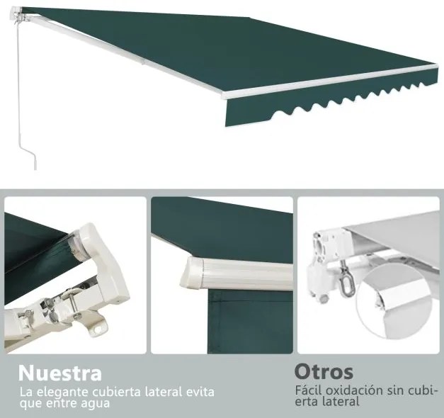 Toldo retrátil 3 x 2,5 m em alumínio com manivela e poliéster impermeável para exterior Verde