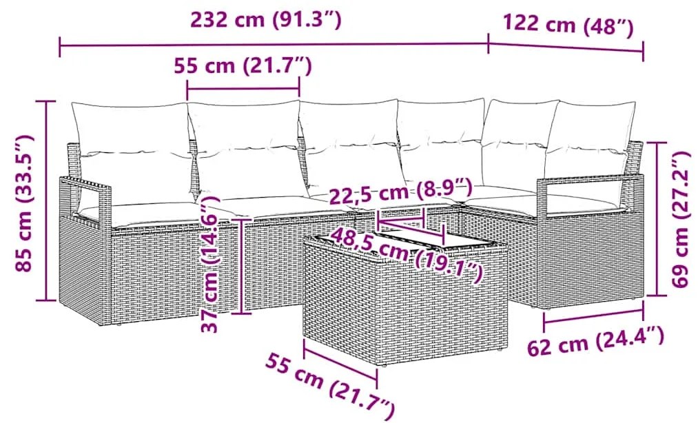 Conjunto de Sofá de Jardim de 5 Peças com Almofadas Pretas em Rattan S