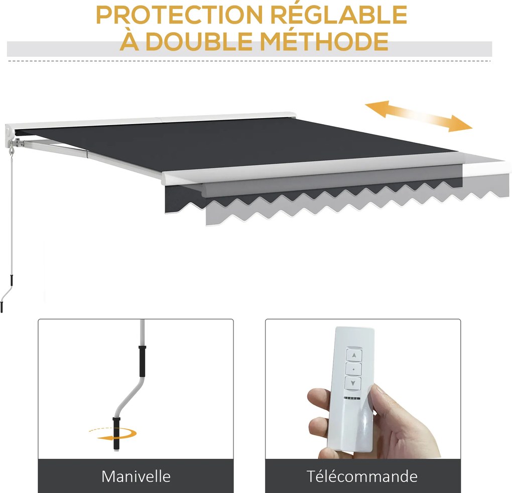 Toldo elétrico e manual retrátil, dimensões: 295 L x 250 L cm, com comando à distância incluído, em alumínio. Poliéster de alta densidade, cinzento