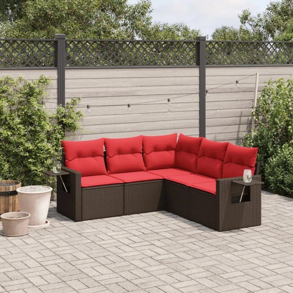 vidaXL 5 pcs conjunto sofás p/ jardim c/ almofadões vime PE castanho