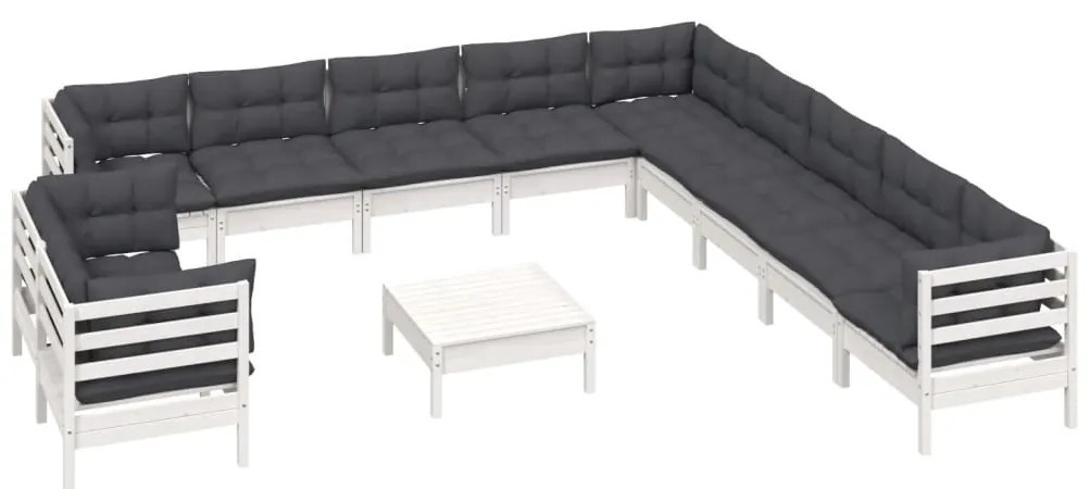 12 pcs conj. lounge de jardim c/ almofadões pinho maciço branco