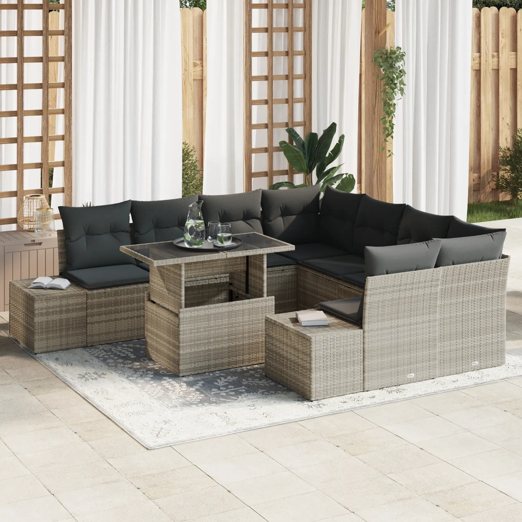 Conjunto de Sofás de Jardim com 9 Peças e Almofadas Cinza Claro em Rat