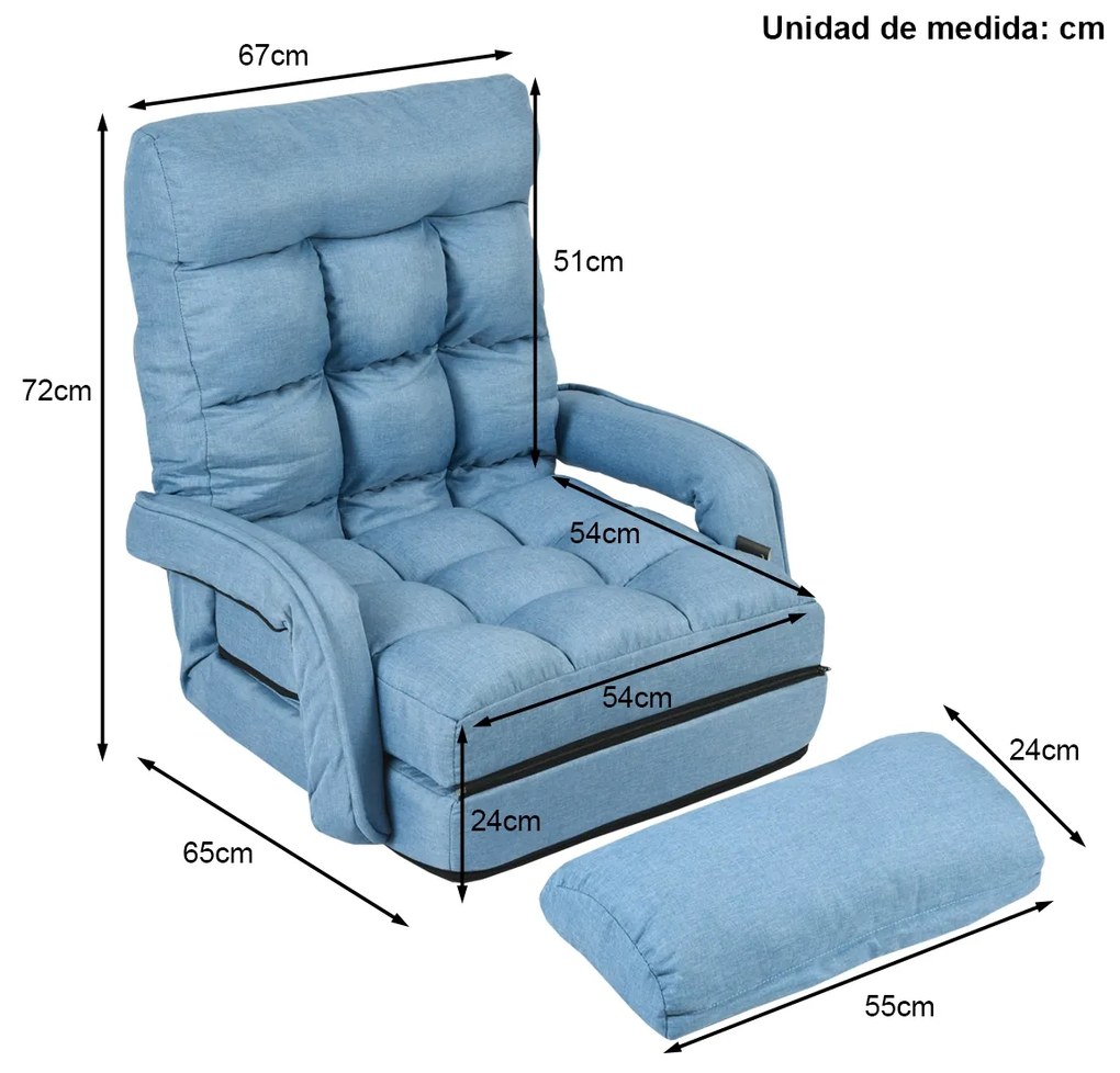 Sofá Cama de Chão individual dobrável com almofada multifuncional para quarto Sala de estar Varanda 67 x 65 x 72 cm Azul