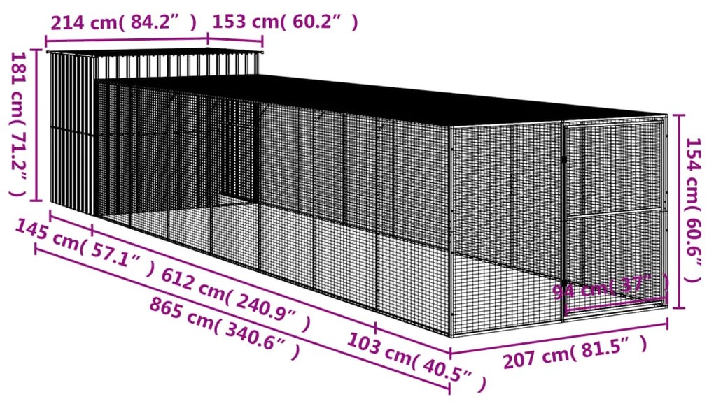 Casota cães c/ parque 214x865x181 cm aço galvaniz. cinza-claro