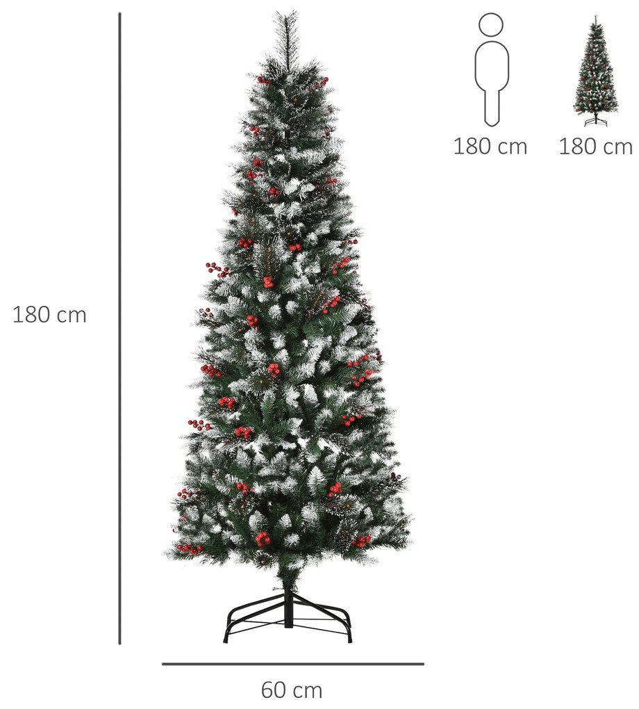 Árvore de Natal Artificial 180cm Ignífugo com 539 Ramos 51 Bagas Folhas de PVC Base Dobrável e Suporte Metálico Decoração de Natal para Interiores Ver