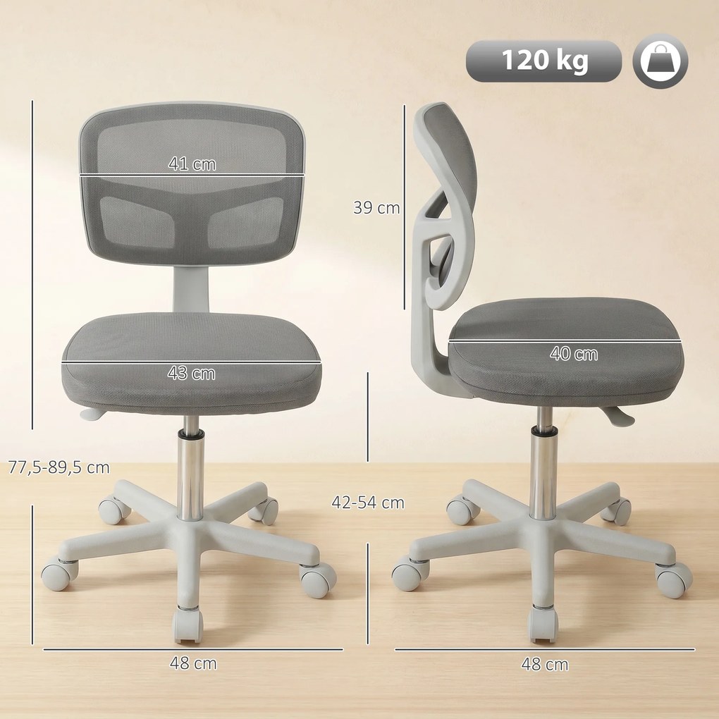 Cadeira de escritório ergonómica sem braços, cadeira giratória de escritório, encosto curvo em malha e Rodas, cinzenta