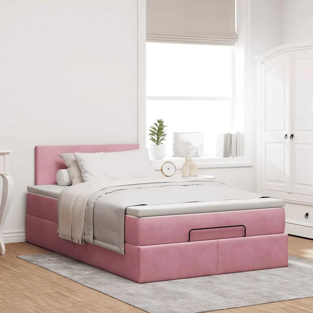 Estrutura de cama otomana com colchão 120x200 cm veludo rosa