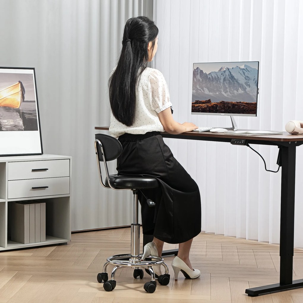 Banco Giratório com Rodas e Encosto Banco de Trabalho com Altura Ajustável Banco Estofado em Couro Sintético 32x40x70x70-86 cm Preto