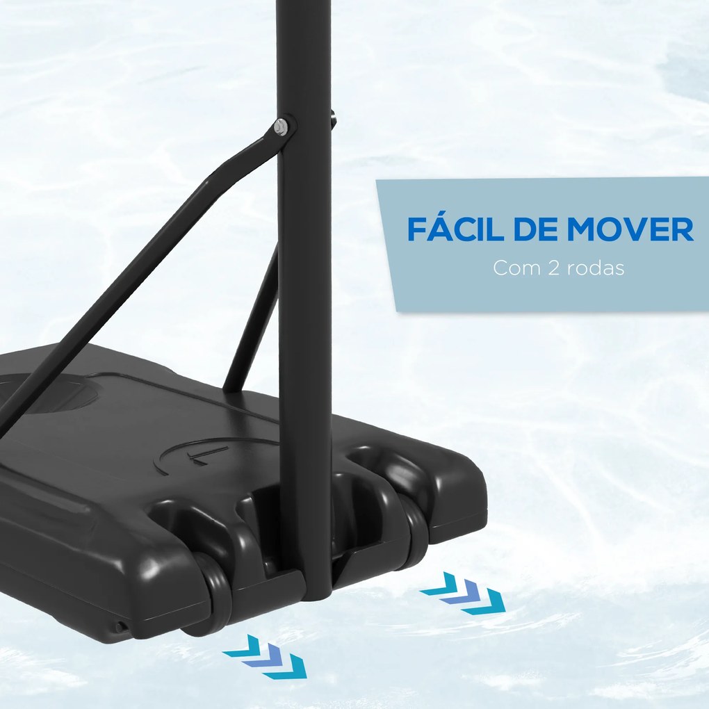 Cesto de Basquetebol de Exterior com Altura Ajustável 235-264 cm Suporte para Bola Rodas e Base Recarregável Preto