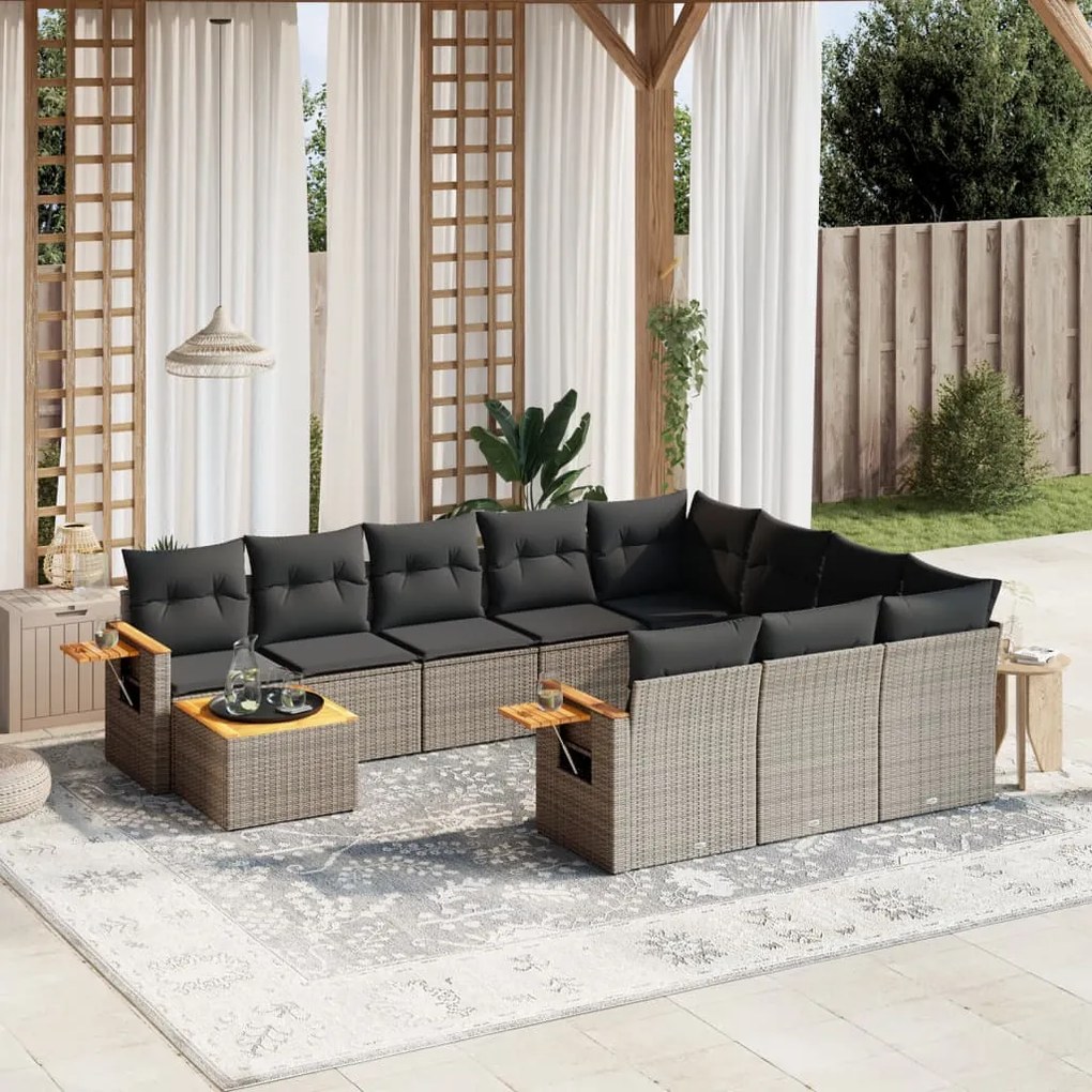 vidaXL 11 pcs conjunto sofás de jardim c/ almofadões vime PE cinzento