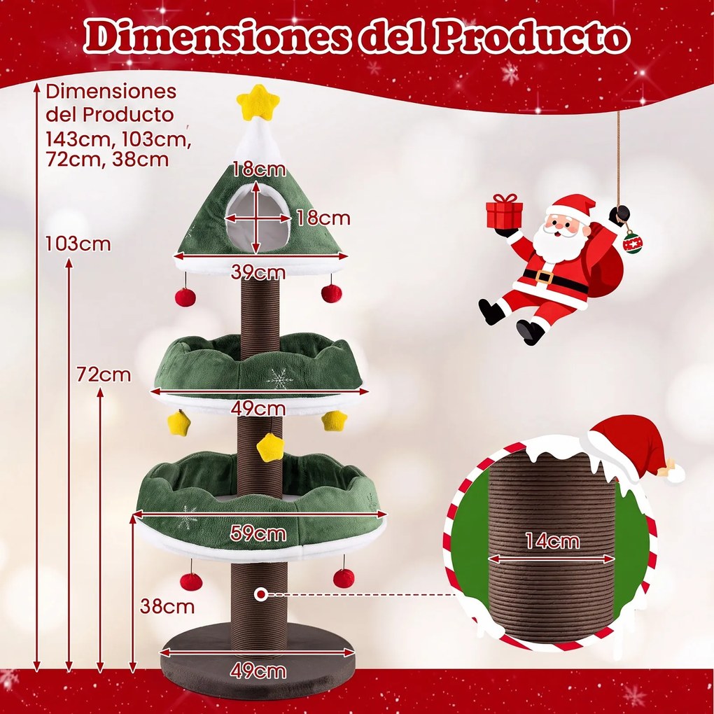Árvore Rascadora para Gatos de Natal, 49 x 49 x 143 cm, 3 Níveis com Casinha Superior, Verde