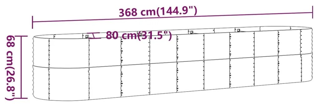 Canteiro elevado jardim 368x80x68cm aço revestido a pó prateado
