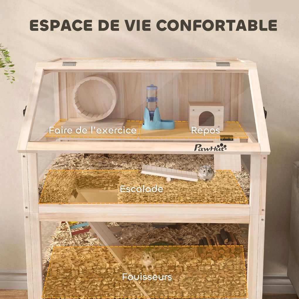 Gaiola para hamster, habitat para roedores de 3 andares com painel acrílico e roda, 80 x 53 x 117 cm, com efeito de madeira natural