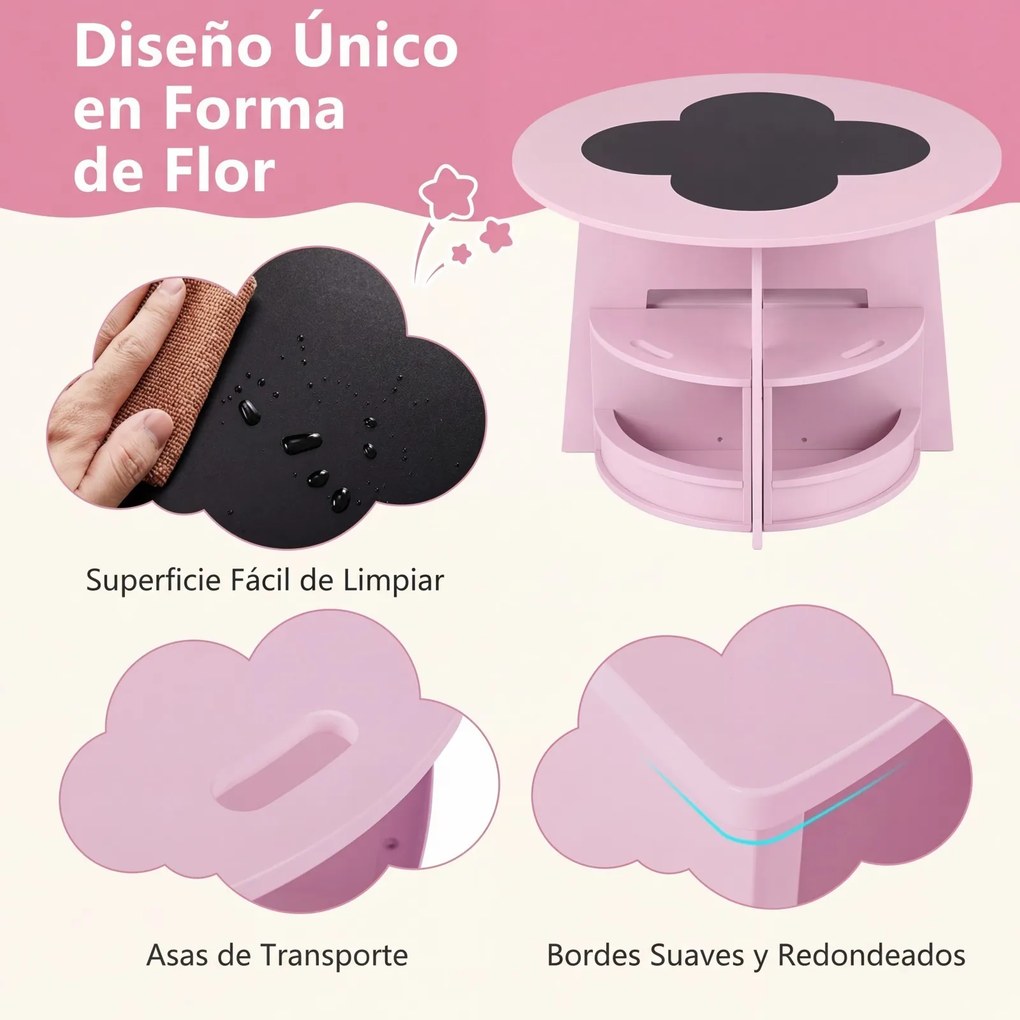 Conjunto de 5 Peças, Mesa Redonda Infantil e 4 Bancos com Arrumação, 70 x 70 x 49 cm, Design Empilhável, cor-de-rosa