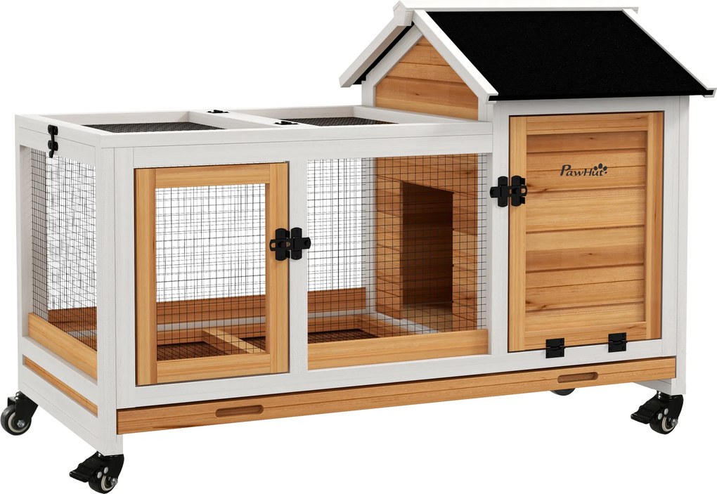 Coelheira de Madeira com Rodas para 1-2 Coelhos com Teto Abatível Bandeja Amovível 108x58x73,5 cm Madeira e Branco