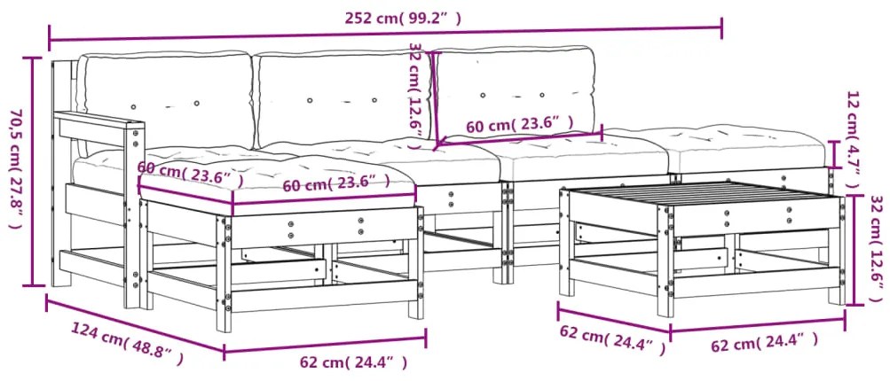 6 pcs conjunto lounge jardim c/ almofadões madeira maciça