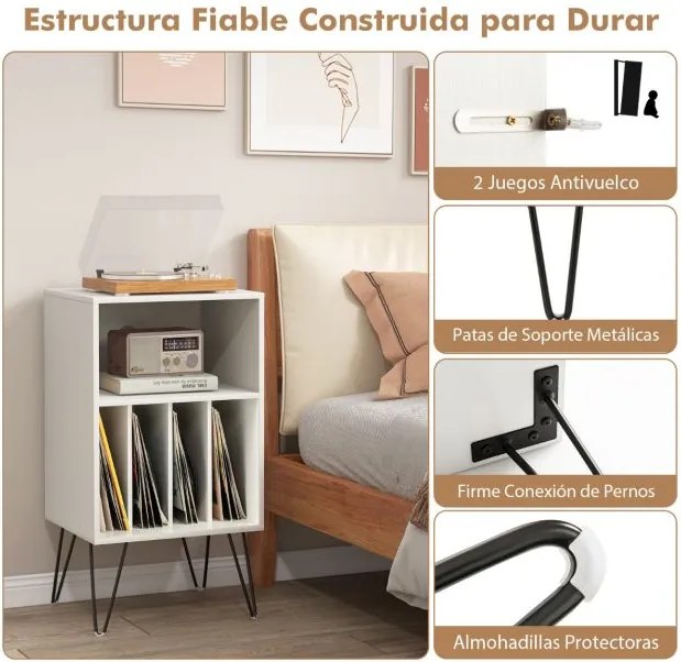 Suporte para discos vinil de 3 níveis com estação de carregamento Estante 4 divisórias 48 x 40 x 88 cm Branco