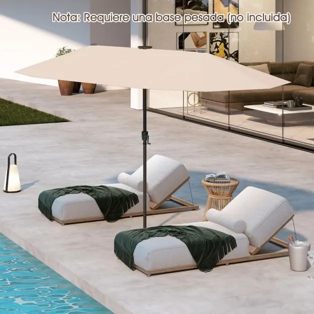 Guarda-sol grande 392 cm com luzes LED solares, manivela, 12 hastes, retangular de duas faces Bege