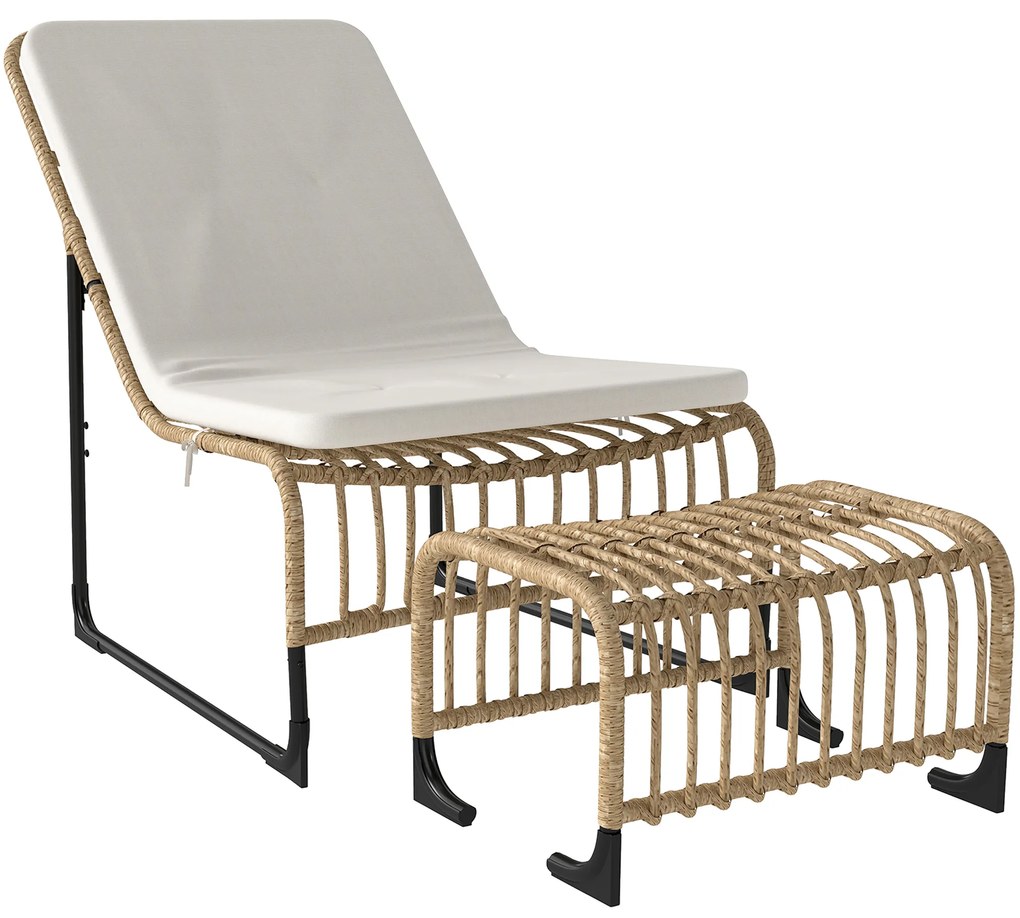 Outsunny Conjunto de Poltrona de Jardim com Apoio para os Pés de Vime Sintético Poltrona para Exterior 65x93x80 cm Madeira e Bege | Aosom Portugal
