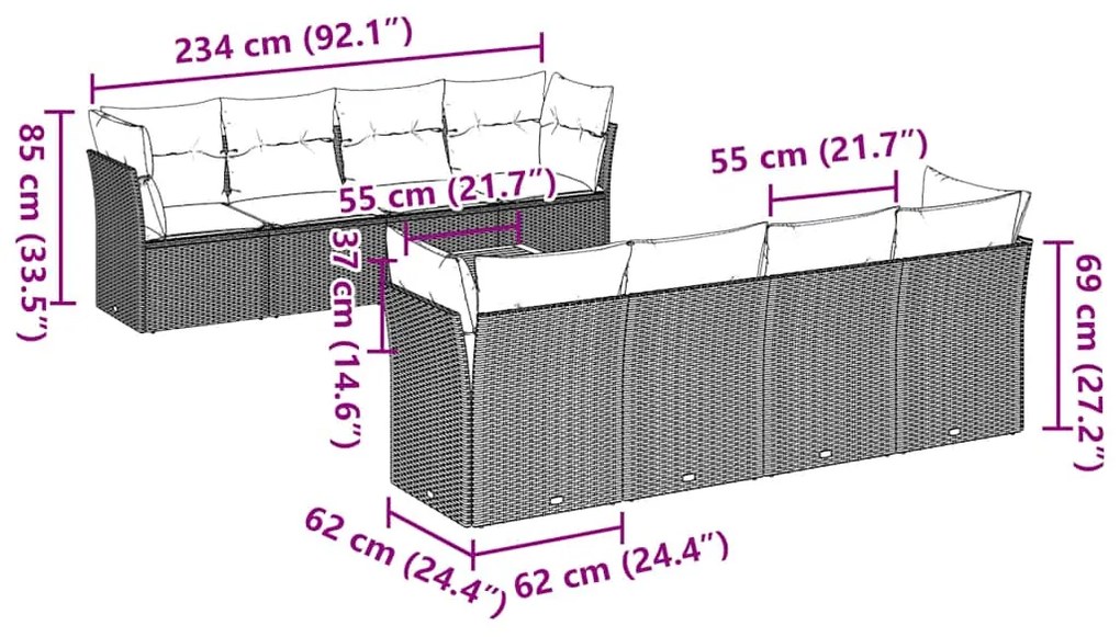 9 pcs conjunto sofás p/ jardim c/ almofadões vime PE cinzento