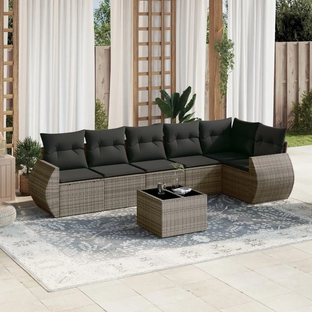 7 pcs conjunto sofás p/ jardim c/ almofadões vime PE cinzento