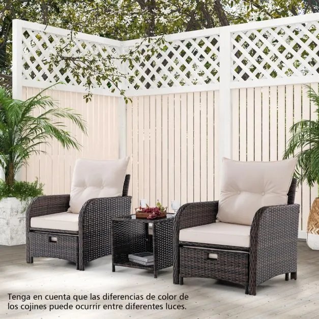 Conjunto de jardim de rattan de 5 peças com 2 cadeiras 2 Pufes Mesa de centro de vidro temperado Almofadas macias mistura de castanho e Bege