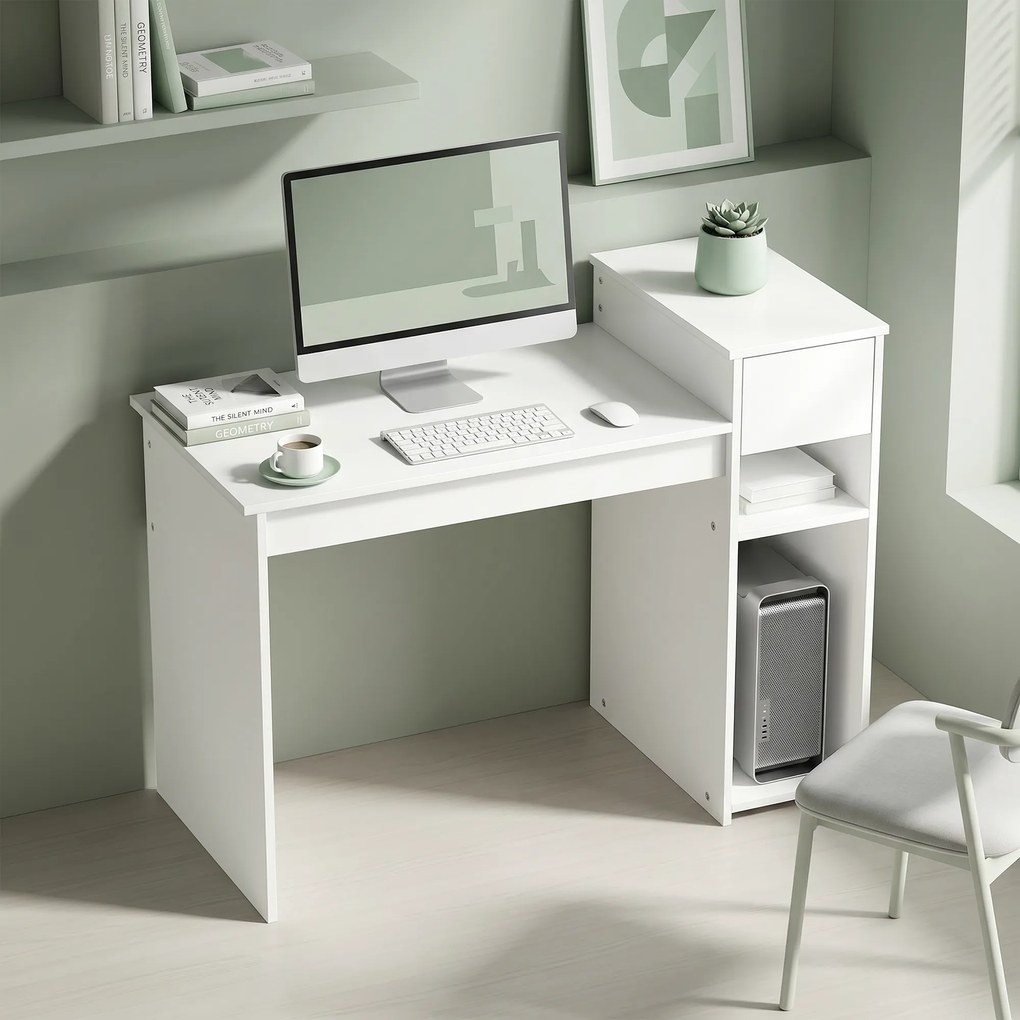 Secretária para computador com gaveta e prateleira, secretária com suporte para a unidade central, 108 x 50 x 82 cm, branco