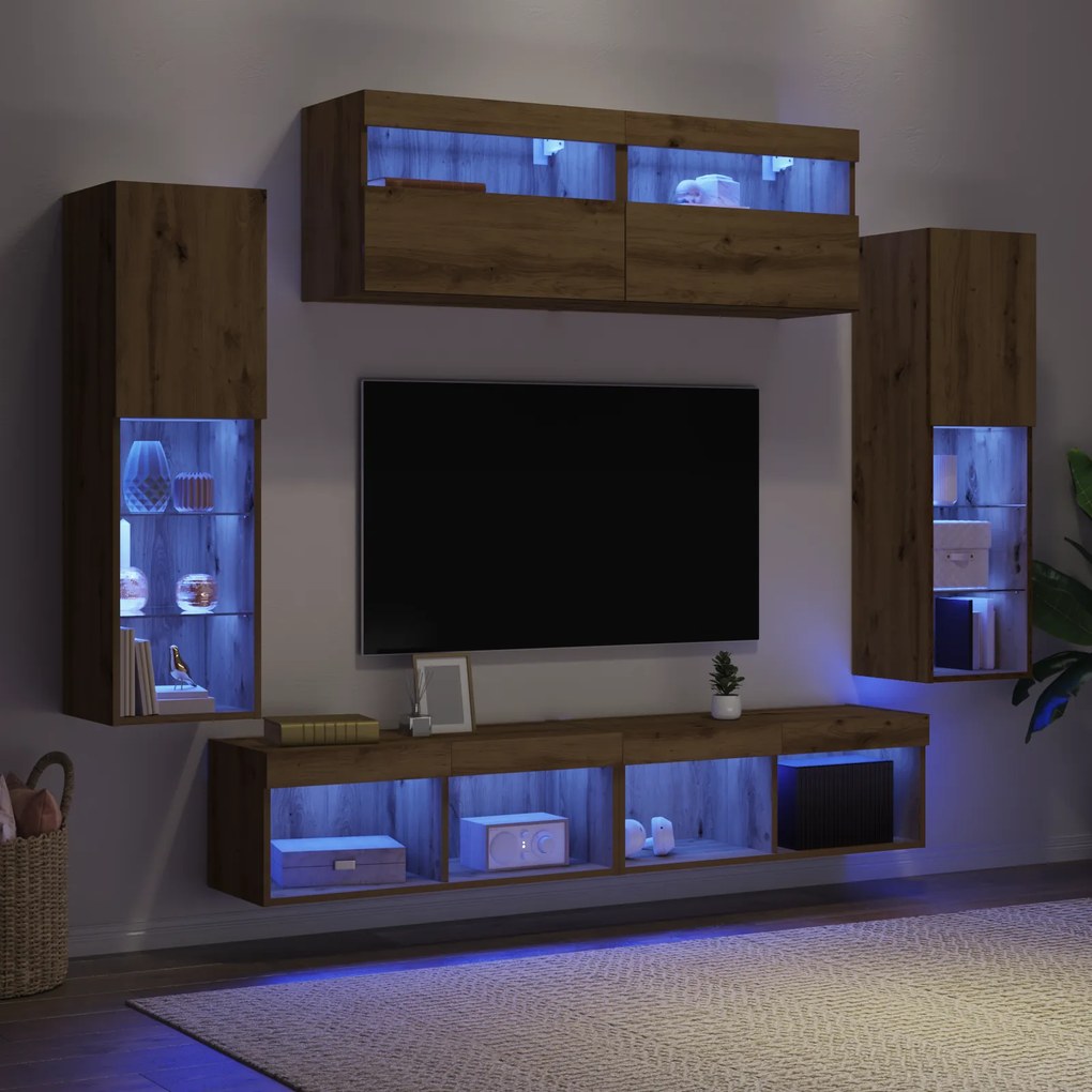 Armários de TV vidaXL com Luzes LED 2 pcs Carvalho Artesanal 80x30x30